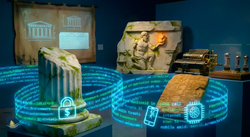 صورة بصرية لافتة تصور شفرات رقمية تتشابك مع قطع أثرية تاريخية قديمة، ترمز إلى دمج التكنولوجيا والتاريخ في الأمن السيبراني. في المقدمة، أيقونات دقيقة تمثل برمجيات الفدية، وتهديدات الجوال، والذكاء الاصطناعي مدمجة في الشفرة، مع خلفية تلمح إلى الأساطير اليونانية الكلاسيكية وأجهزة الحوسبة المبكرة.