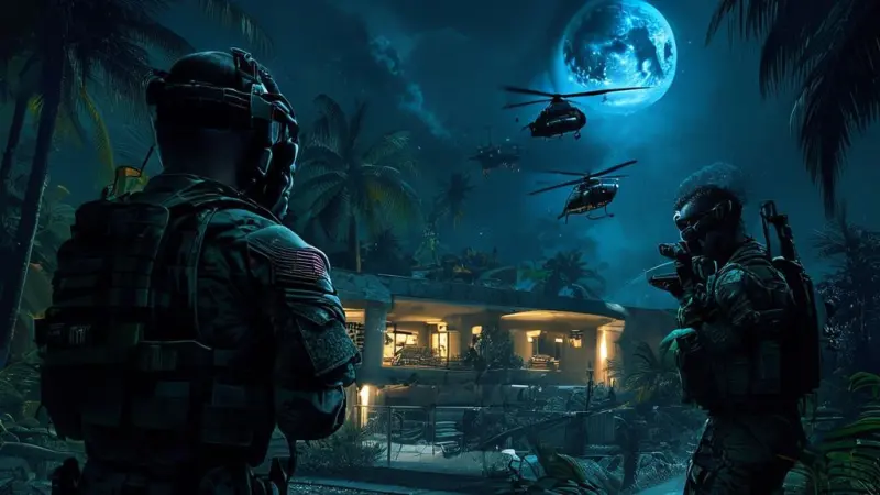 رسم توضيحي مفصل يظهر عناصر قوات خاصة تلقي القبض على زعيم سياسي في مجمع استوائي محصن، مع طائرات عسكرية في السماء.