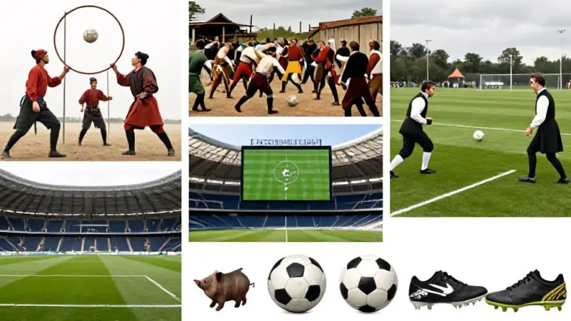 كولاج حيوي وديناميكي يوضح تطور كرة القدم: لاعبون صينيون قدامى يلعبون تسوجو، كرة قدم الجموع الإنجليزية في العصور الوسطى، لاعبون من العصر الفيكتوري في ملعب منظم، ملعب كرة قدم حديث مع شاشة VAR، وكرات وأحذية كرة قدم من عصور مختلفة.