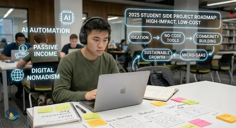 طالب يعمل على جهاز كمبيوتر محمول محاطاً بمفاهيم رقمية وريادية، توضح خارطة طريق لمشاريع جانبية للطلاب ذات تأثير عالٍ وتكلفة منخفضة في عام 2025.