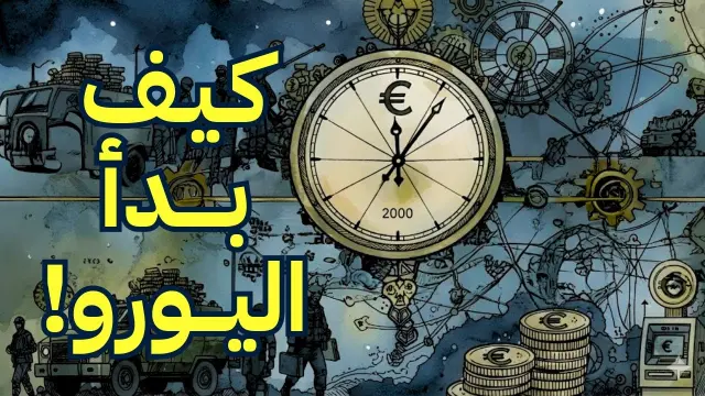 رسم بياني يوضح تطور عملة اليورو، بما في ذلك المعالم الرئيسية مثل معاهدة ماستريخت، والإطلاق المادي، ومشروع اليورو الرقمي.