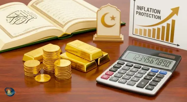 كومة من العملات والسبائك الذهبية مع آلة حاسبة، ترمز للتمويل الإسلامي وحماية الثروة من التضخم.