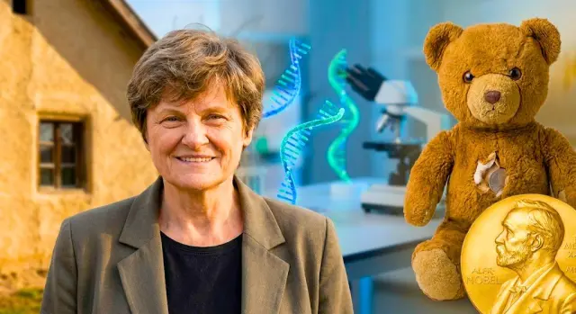 صورة للباحثة الحائزة على نوبل كاتالين كاريكو، تتضمن عناصر من رحلة حياتها، بما في ذلك منزل ريفي، ومعدات مخبرية، ودب لعبة، وميدالية نوبل.