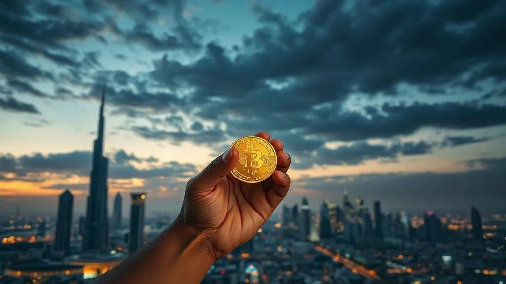 صورة مركبة تظهر أفق مدينة شرق أوسطية حديثة تحت سماء مضطربة قليلاً، مع عناصر ترمز للصمود (مثل يد تحمل عملة ذهبية) والمعلومات الرقمية (مثل تدفقات بيانات رقمية خفيفة على السماء). المزاج العام جاد ومليء بالأمل.